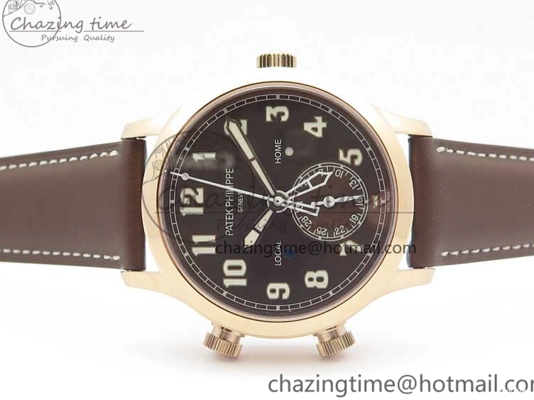 MIROTIME 1219 Calatrava 5524R Pilot Travel Time RG GRF Brown Dial on Brown Leather Strap MIYOTA TopPick 7155